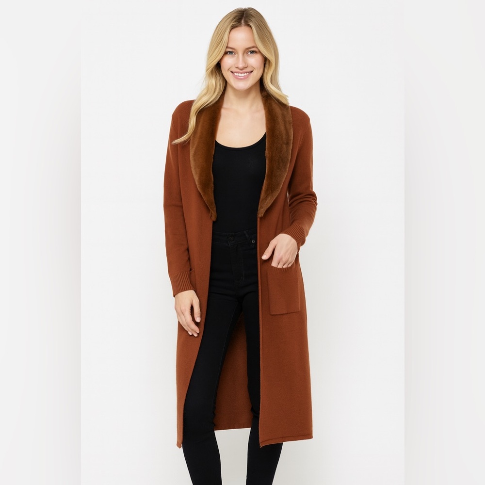 Long Brown Cardigan with Faux Fur Collar and Pockets